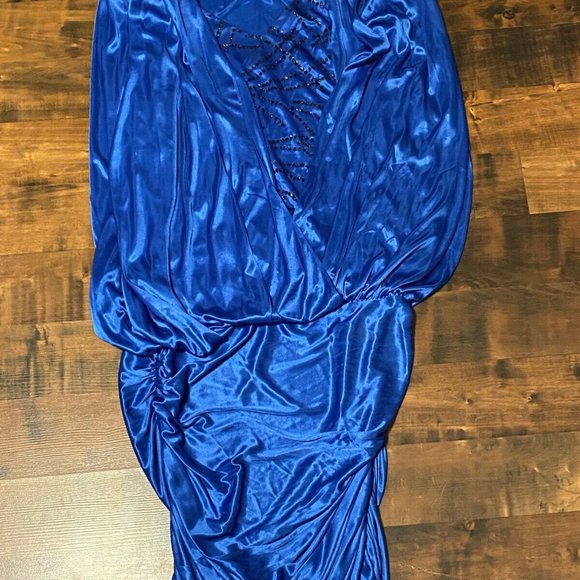 VINTAGE 90's VARIATIONS LTD Womens Satiny Royal Blue Drapery Cocktail Dress Sz 3 - Picture 3 of 12